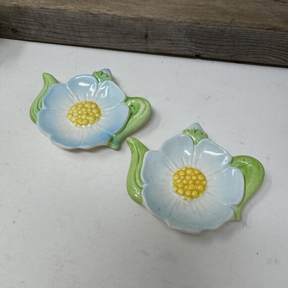 Vintage Ceramic Floral Tea Bag Holders Set Of 2 Hand Painted Green & Blue Flower - Picture 2 of 5